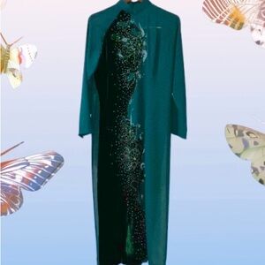 Ao Dai Vietnamese Maxi Dress Green Velvet Handpainted Floral Traditional No Pant